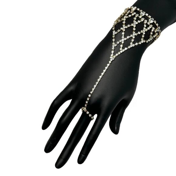 New Gold Chain Mesh Bracelet With Connecting Ring With Rhinestones For Women - Picture 1 of 10